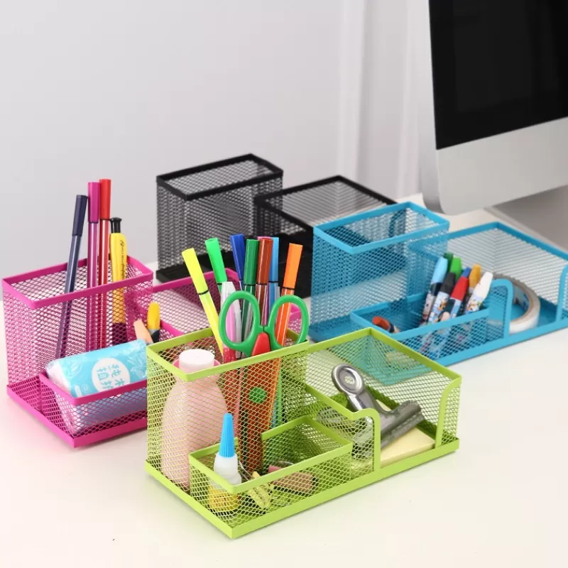 Hot SOC 3-In-1 Desk Organizer Pencil Pen Holder Metal Hollow Mesh Wire Organizador De Escritorio Lapices Office Desk Accessories