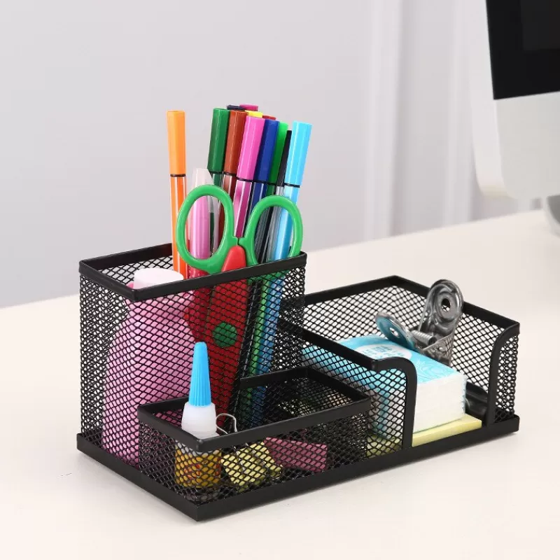 Hot SOC 3-In-1 Desk Organizer Pencil Pen Holder Metal Hollow Mesh Wire Organizador De Escritorio Lapices Office Desk Accessories