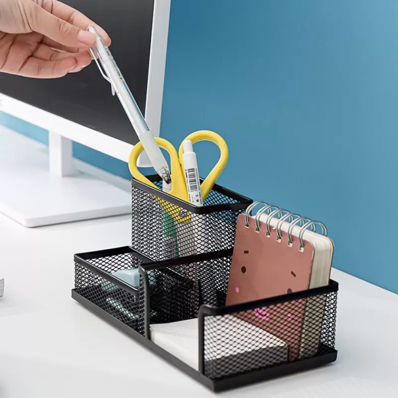Hot SOC 3-In-1 Desk Organizer Pencil Pen Holder Metal Hollow Mesh Wire Organizador De Escritorio Lapices Office Desk Accessories