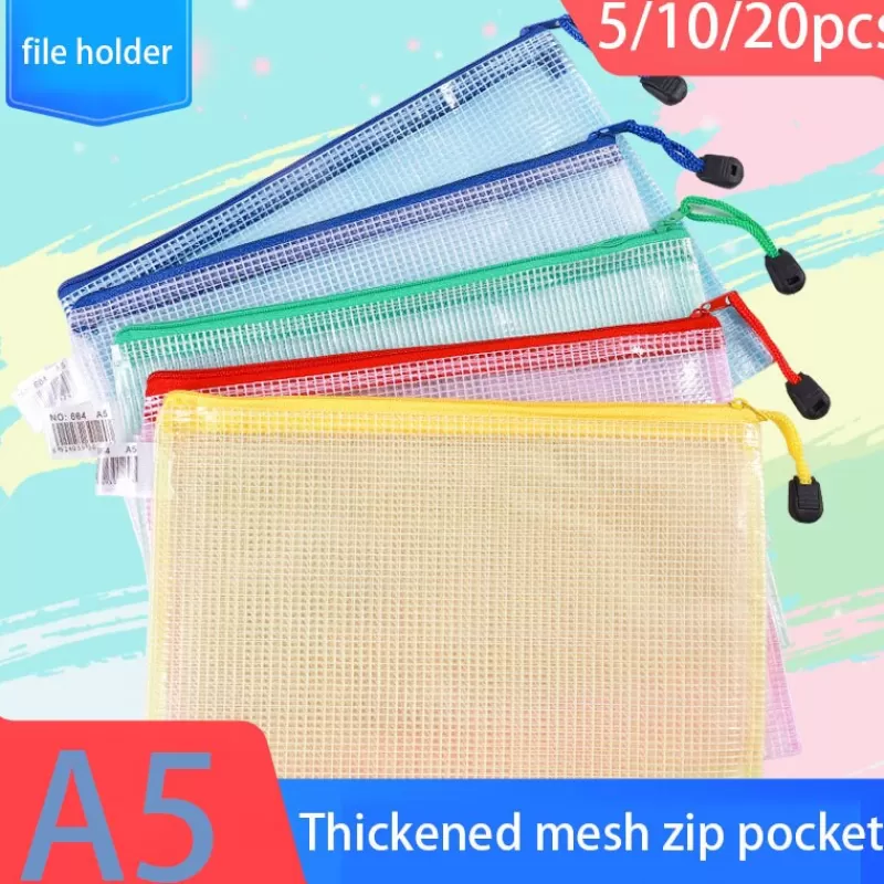 Online SOC 5/10/20pcs Mesh Zipper Pouch Document Bag Waterproof Zip File Folders A5 School Office Supplies Pencil Case Storage Bags
