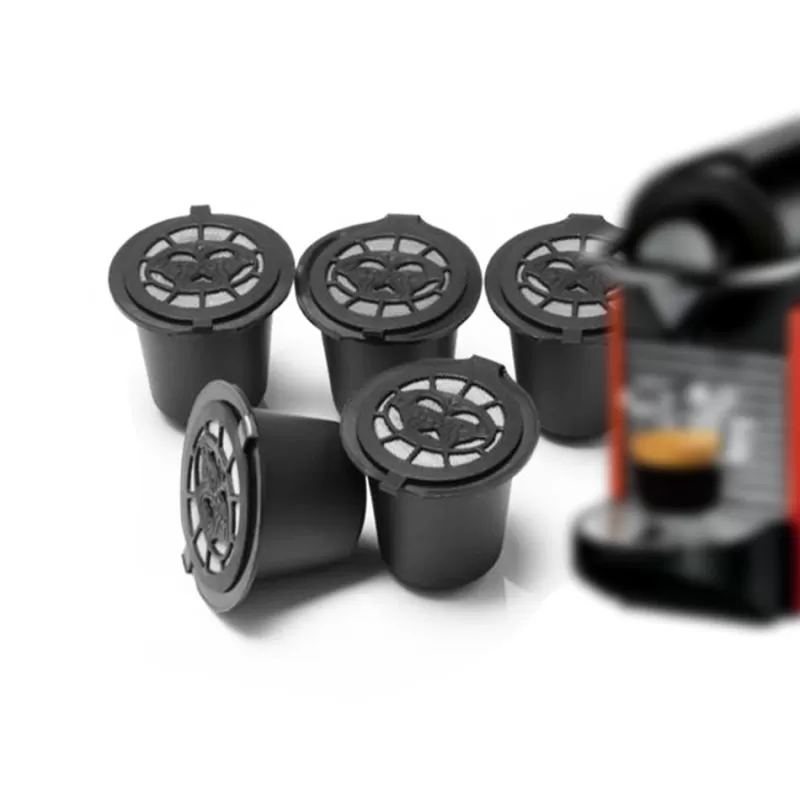 Best SOC 6PCS Reusable Nespresso Coffee Capsules Cup With Spoon Brush Black Refillable Coffee Capsule Refilling Filter Coffeeware Gift
