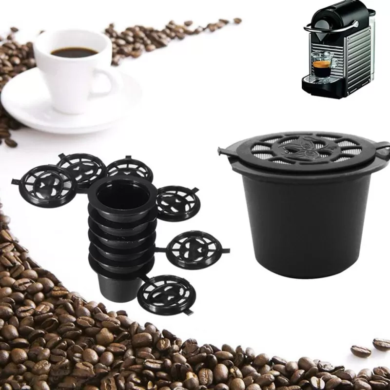 Best SOC 6PCS Reusable Nespresso Coffee Capsules Cup With Spoon Brush Black Refillable Coffee Capsule Refilling Filter Coffeeware Gift