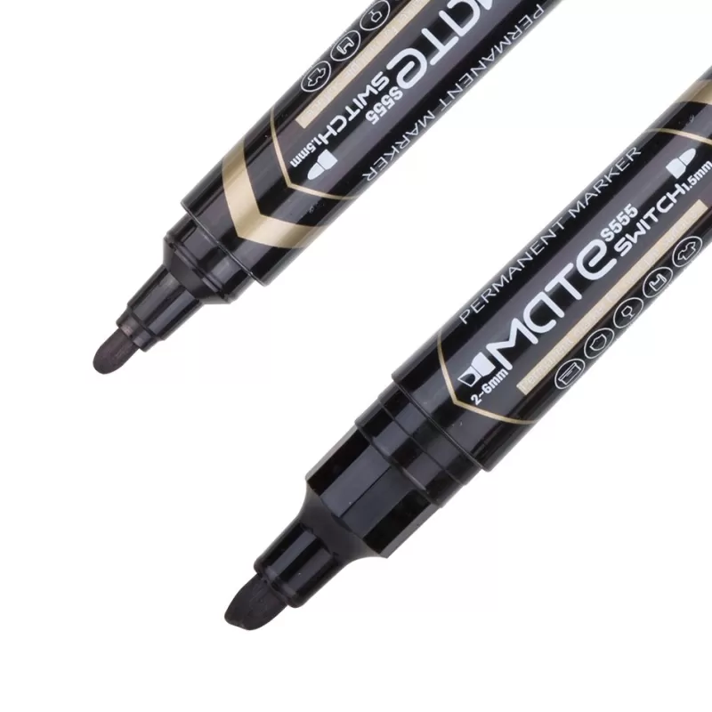 Cheap SOC DELI Water Proof Permanent Marker 2pcs/Lot Bullet Tip 1.5mm Chisel Tip 1-6mm ES555 Office Supplies Dual Tips Permanent Markers