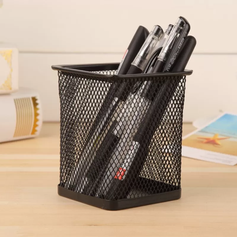 Flash Sale SOC Pencil Holder Office Desk Metal Mesh Square Pen Pot Case Stationery Container Organiser Durable Pencil Case Black