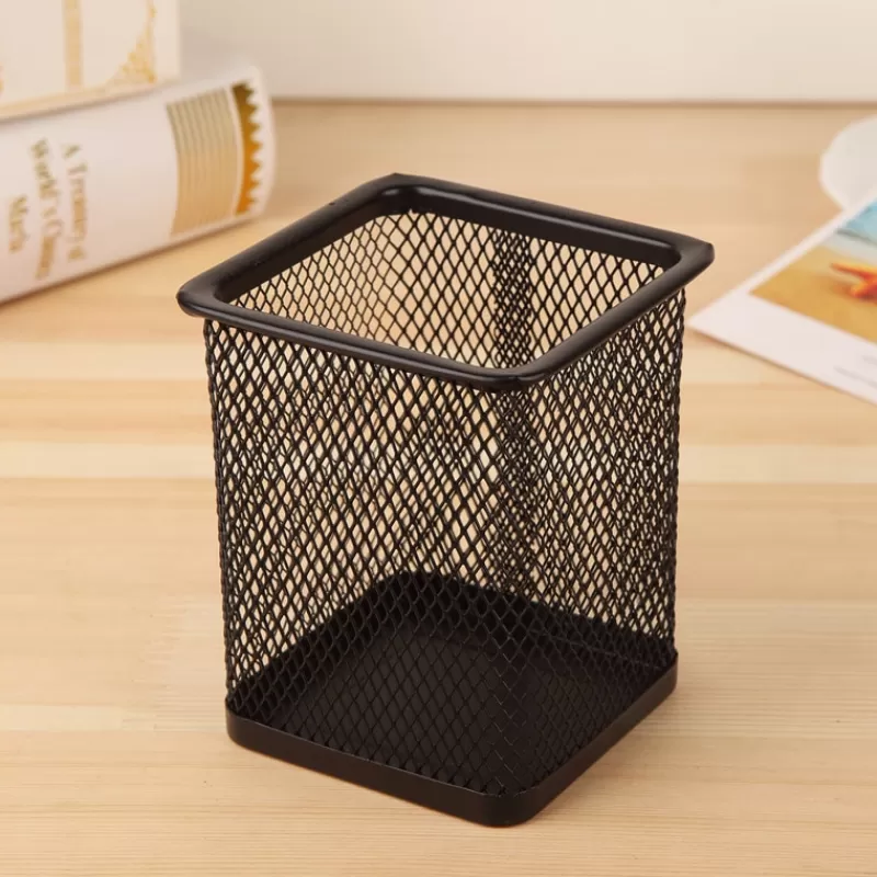 Flash Sale SOC Pencil Holder Office Desk Metal Mesh Square Pen Pot Case Stationery Container Organiser Durable Pencil Case Black