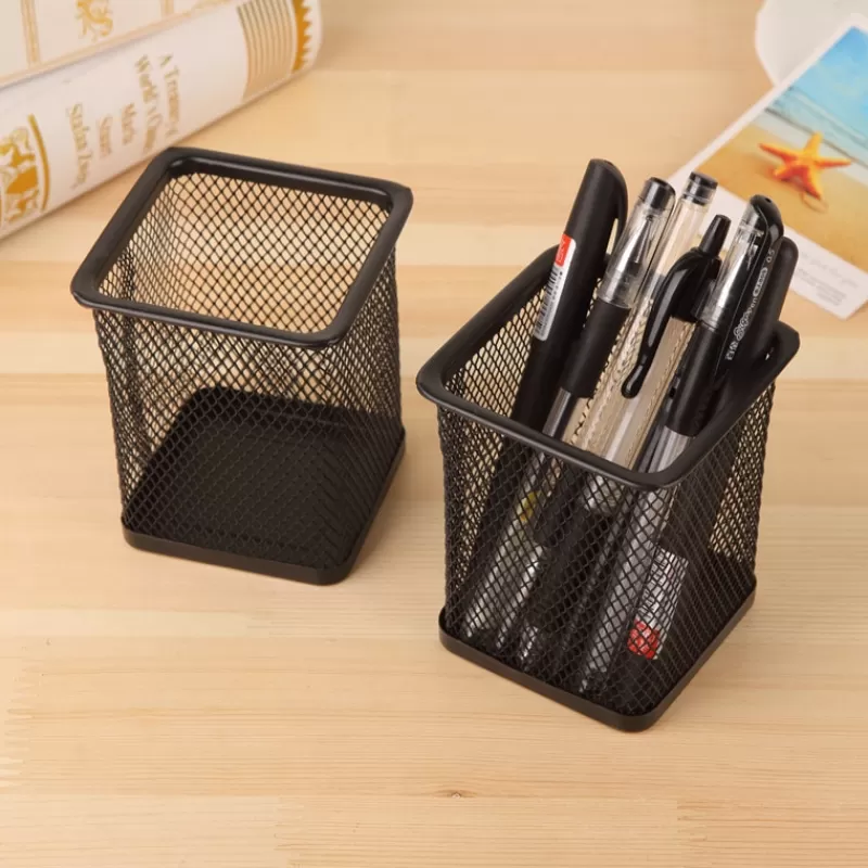 Flash Sale SOC Pencil Holder Office Desk Metal Mesh Square Pen Pot Case Stationery Container Organiser Durable Pencil Case Black
