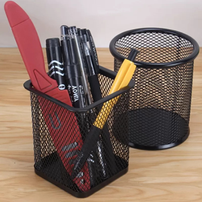 Flash Sale SOC Pencil Holder Office Desk Metal Mesh Square Pen Pot Case Stationery Container Organiser Durable Pencil Case Black