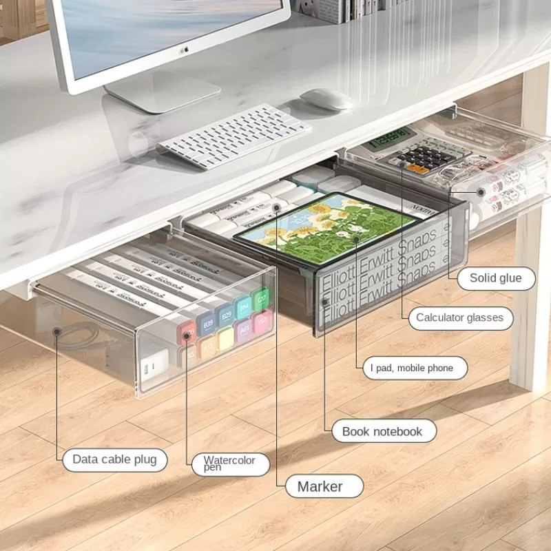Flash Sale SOC Self Adhesive Under Desk Drawer Office Pen Holder Hidden Organizer Box Kitchen Knife And Fork Storage Tray Storage Box