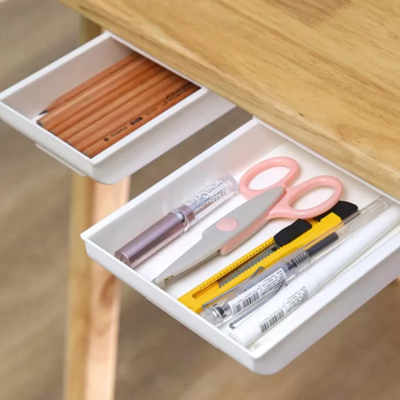 Best Sale SOC Self Stick Pencil Tray Under Desk Drawer Storage Box Hidden Stationery Organizer Stand For Pens Office Home Storage Organizer