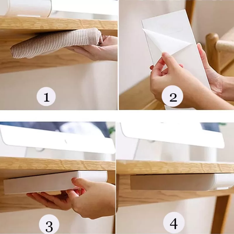 Best Sale SOC Self Stick Pencil Tray Under Desk Drawer Storage Box Hidden Stationery Organizer Stand For Pens Office Home Storage Organizer