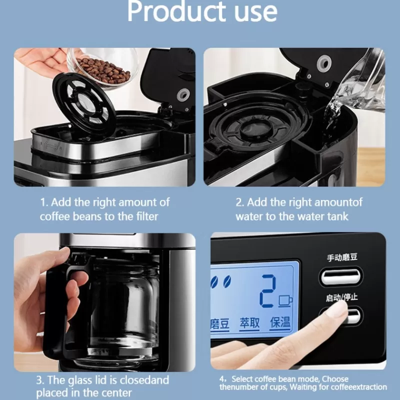 Clearance SOC TABELL 2 In1 Coffee Maker Machine Automatic Coffee Machine Drip LED-Display Home Electric Bean Grinder Espresso Keep Warm